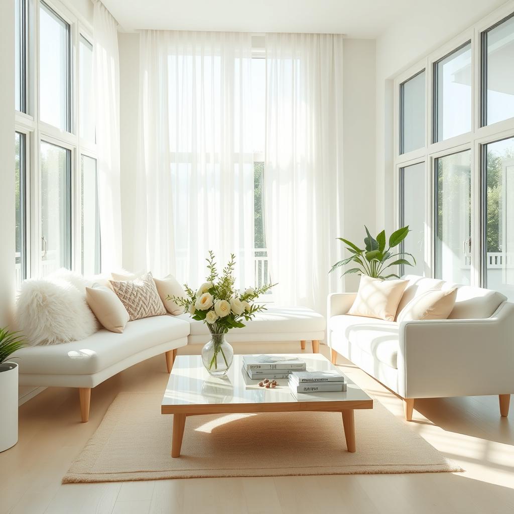 A modern and bright interior of a light living room, featuring a soft, plush white bench and a cozy white sofa