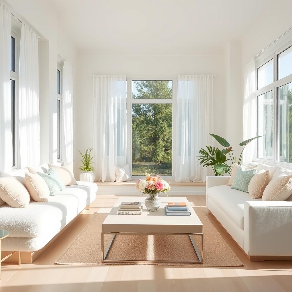 A modern and bright interior of a light living room, featuring a soft, plush white bench and a cozy white sofa