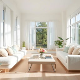 A modern and bright interior of a light living room, featuring a soft, plush white bench and a cozy white sofa