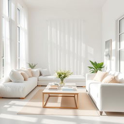 A modern and bright interior of a light living room, featuring a soft, plush white bench and a cozy white sofa