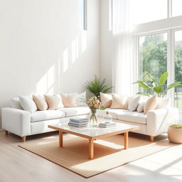 A modern and bright interior of a light living room, featuring a soft, plush white bench and a cozy white sofa