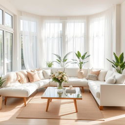 An inviting interior of a light and airy living room, featuring a plush white bench and a soft white sofa