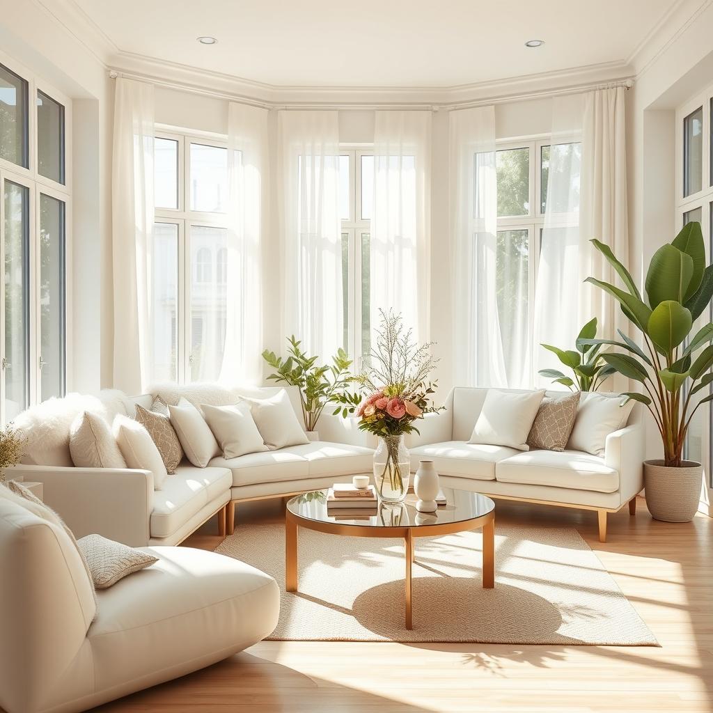 An inviting interior of a light and airy living room, featuring a plush white bench and a soft white sofa