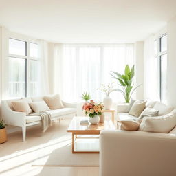 An inviting interior of a light and airy living room, featuring a plush white bench and a soft white sofa