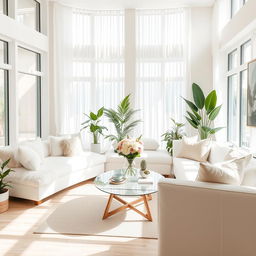 An inviting interior of a light and airy living room, featuring a plush white bench and a soft white sofa