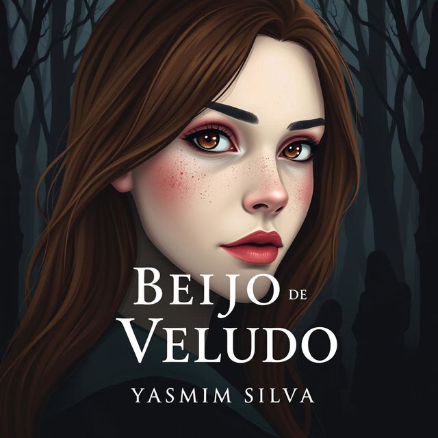 Book cover design for 'Beijo de Veludo' by Yasmim Silva featuring the protagonist with brown eyes and brown hair, white skin with light freckles