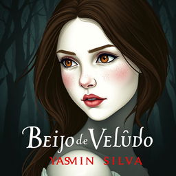 Book cover design for 'Beijo de Veludo' by Yasmim Silva featuring the protagonist with brown eyes and brown hair, white skin with light freckles