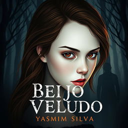 Book cover design for 'Beijo de Veludo' by Yasmim Silva featuring the protagonist with brown eyes and brown hair, white skin with light freckles