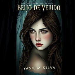 Book cover design for 'Beijo de Veludo' by Yasmim Silva featuring the protagonist with brown eyes and brown hair, white skin with light freckles