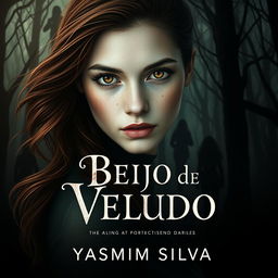 Book cover design for 'Beijo de Veludo' by Yasmim Silva featuring the protagonist with brown eyes and brown hair, white skin with light freckles