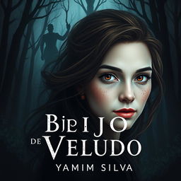 Book cover design for 'Beijo de Veludo' by Yasmim Silva featuring the protagonist with brown eyes and brown hair, white skin with light freckles