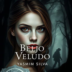 Book cover design for 'Beijo de Veludo' by Yasmim Silva featuring the protagonist with brown eyes and brown hair, white skin with light freckles