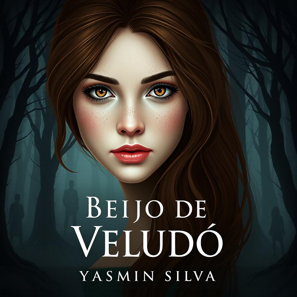 Book cover design for 'Beijo de Veludo' by Yasmim Silva featuring the protagonist with brown eyes and brown hair, white skin with light freckles