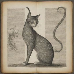 A graceful cat with a long, curved horn sprouting from its head, and an intricate tail, as if torn from the pages of mythology.