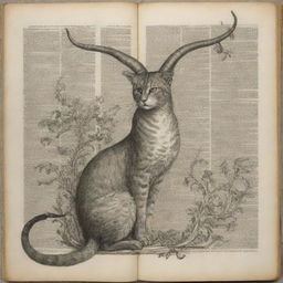 A graceful cat with a long, curved horn sprouting from its head, and an intricate tail, as if torn from the pages of mythology.