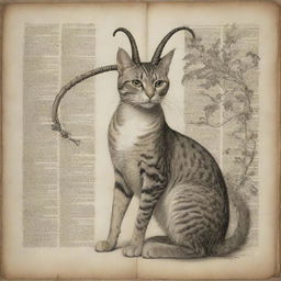 A graceful cat with a long, curved horn sprouting from its head, and an intricate tail, as if torn from the pages of mythology.