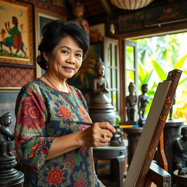 A vibrant and detailed portrait of a Javanese artist painting at a traditional studio, surrounded by rich cultural artifacts such as batik fabrics, wooden sculptures, and paintings