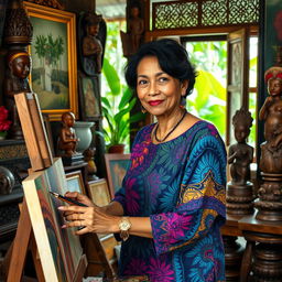 A vibrant and detailed portrait of a Javanese artist painting at a traditional studio, surrounded by rich cultural artifacts such as batik fabrics, wooden sculptures, and paintings