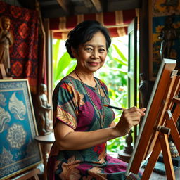 A vibrant and detailed portrait of a Javanese artist painting at a traditional studio, surrounded by rich cultural artifacts such as batik fabrics, wooden sculptures, and paintings