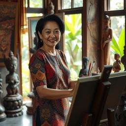 A vibrant and detailed portrait of a Javanese artist painting at a traditional studio, surrounded by rich cultural artifacts such as batik fabrics, wooden sculptures, and paintings