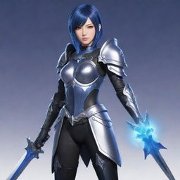 Eula, a character from Genshin Impact, poses gallantly. Her indigo-colored hair flows as she wields her icy claymore. She's clad in her characteristic black and silver armor, with a hint of Goth-style elegance.