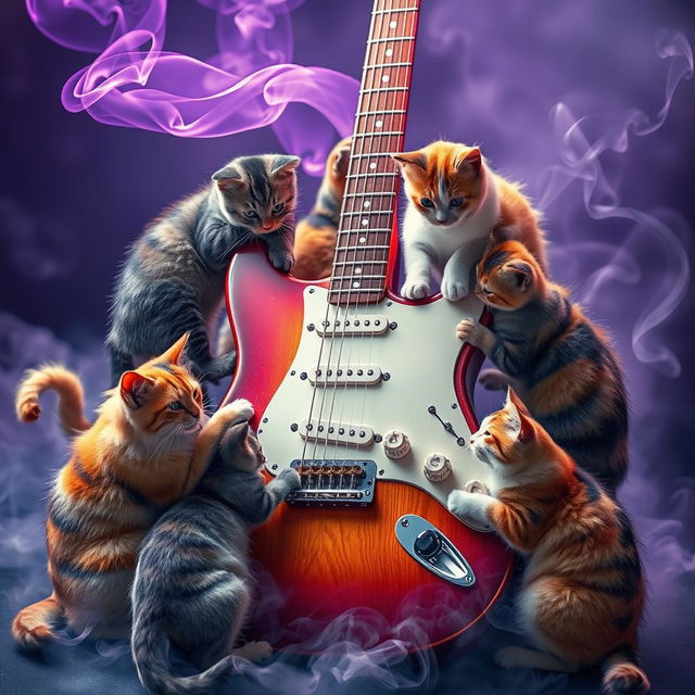 An artistic depiction of an electric guitar surrounded by playful cats, with swirling smoke enhancing the atmosphere