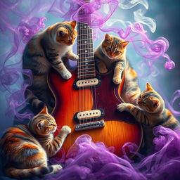 An artistic depiction of an electric guitar surrounded by playful cats, with swirling smoke enhancing the atmosphere