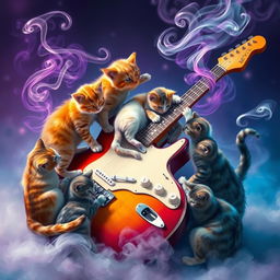 An artistic depiction of an electric guitar surrounded by playful cats, with swirling smoke enhancing the atmosphere