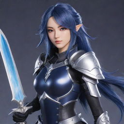 Eula, a character from Genshin Impact, poses gallantly. Her indigo-colored hair flows as she wields her icy claymore. She's clad in her characteristic black and silver armor, with a hint of Goth-style elegance.