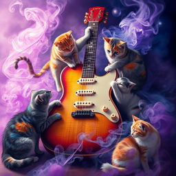 An artistic depiction of an electric guitar surrounded by playful cats, with swirling smoke enhancing the atmosphere