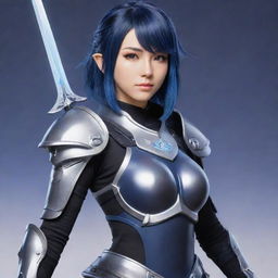 Eula, a character from Genshin Impact, poses gallantly. Her indigo-colored hair flows as she wields her icy claymore. She's clad in her characteristic black and silver armor, with a hint of Goth-style elegance.