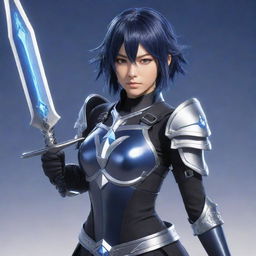 Eula, a character from Genshin Impact, poses gallantly. Her indigo-colored hair flows as she wields her icy claymore. She's clad in her characteristic black and silver armor, with a hint of Goth-style elegance.