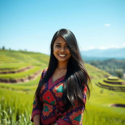 A beautiful Indonesian woman with long, flowing black hair, dressed in a vibrant traditional Batik dress, standing confidently in a lush green rice terrace