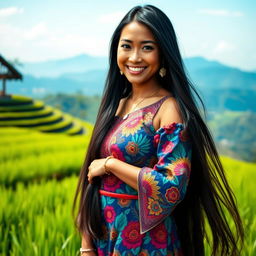 A beautiful Indonesian woman with long, flowing black hair, dressed in a vibrant traditional Batik dress, standing confidently in a lush green rice terrace