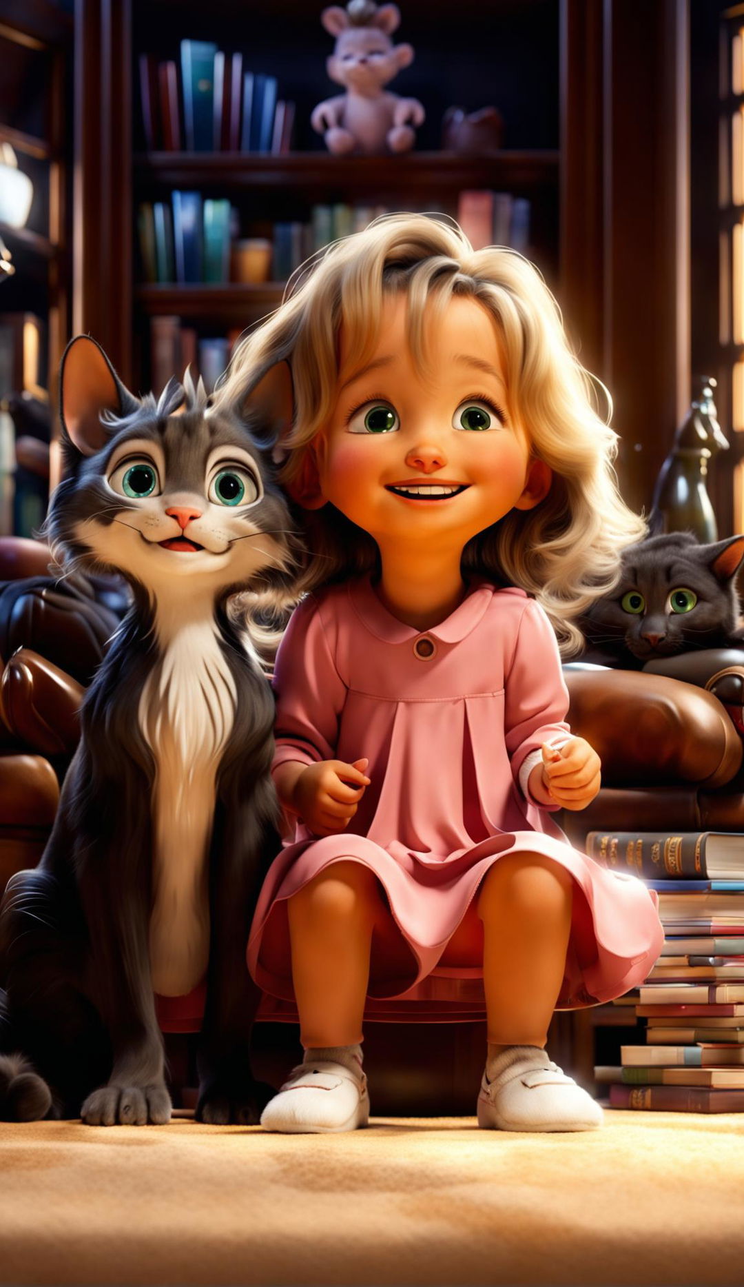 A Disney Pixar animation of a tall three-year-old blonde girl in a pink dress with her sleek black Devon Rex cat with green eyes and a smaller grey and white tabby Devon Rex cat in a cozy living room with warm lighting.