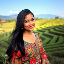 A beautiful Indonesian woman with long, flowing black hair, dressed in a vibrant traditional Batik dress, standing confidently in a lush green rice terrace