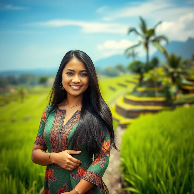 A beautiful Indonesian woman with long, flowing black hair, dressed in a vibrant traditional Batik dress, standing confidently in a lush green rice terrace