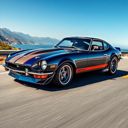 A stunning car fusion featuring a Datsun 240Z seamlessly blended with the muscular aesthetics of a 1970 Chevelle SS 454