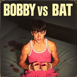 A vintage VHS box cover design for a movie titled "BOBBY VS BAT" featuring a battered white man with short dark hair