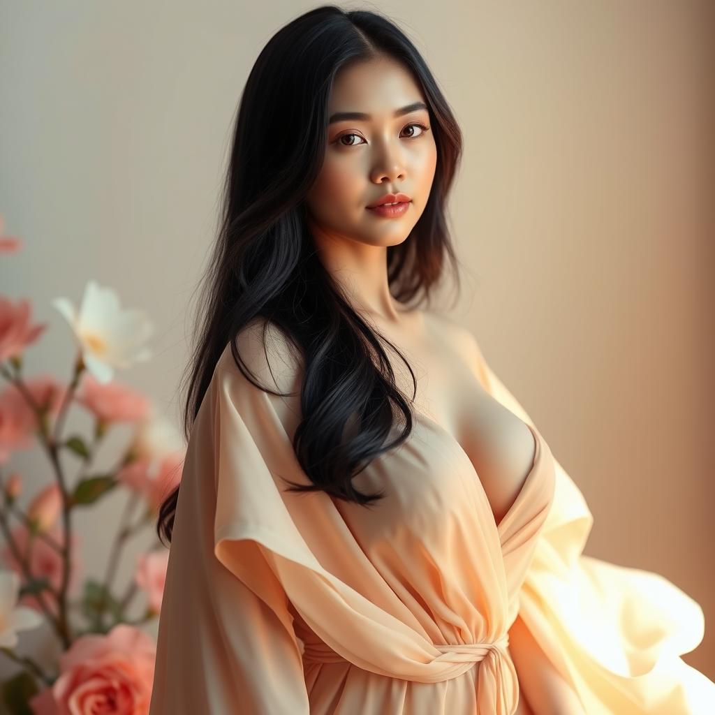 A beautiful Asian woman with fair skin, round breasts, and smooth features, standing in a soft light that accentuates her beauty