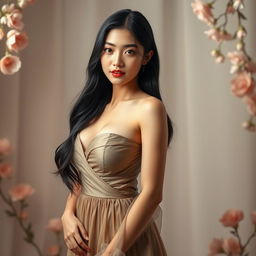 A beautiful Asian woman with fair skin, round breasts, and smooth features, standing in a soft light that accentuates her beauty