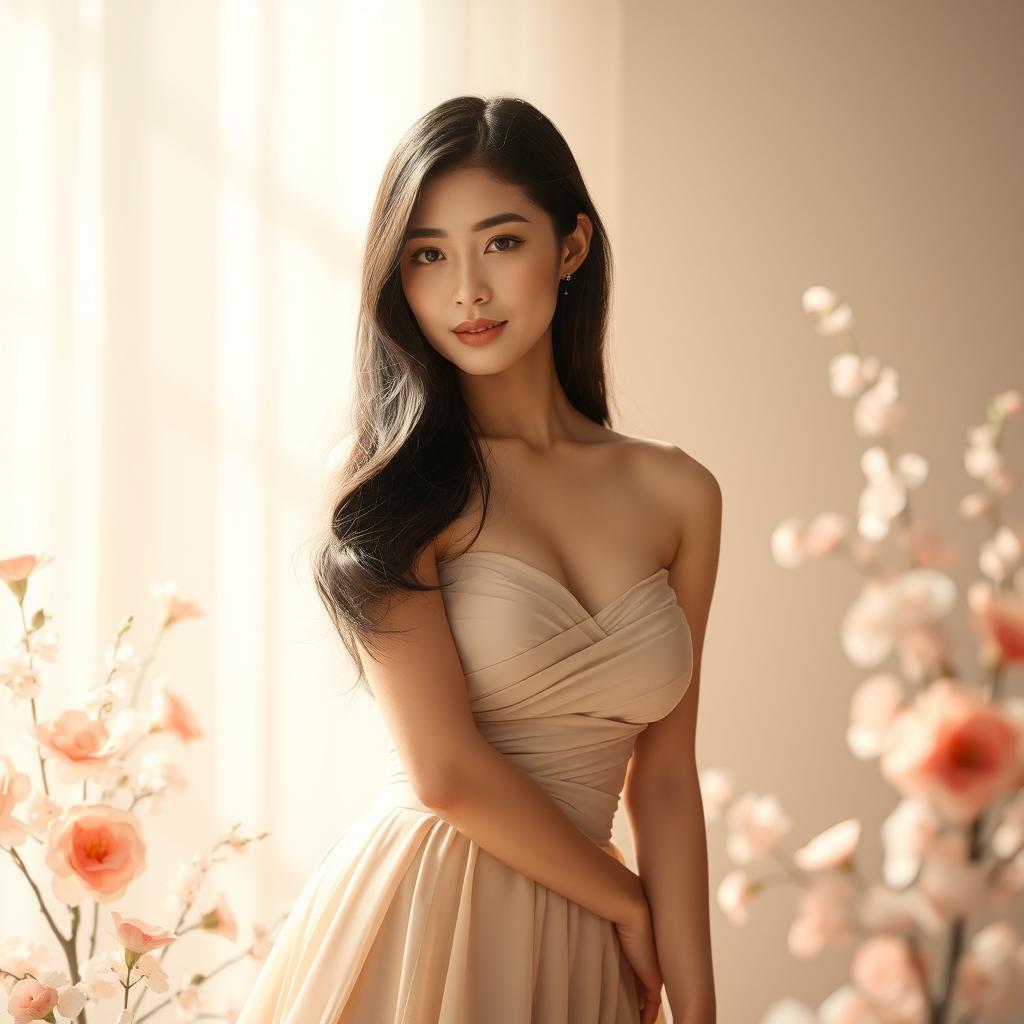 A beautiful Asian woman with fair skin, round breasts, and smooth features, standing in a soft light that accentuates her beauty