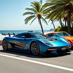 A powerful and futuristic showcase of a Koenigsegg Jesko Absolut and a classic Datsun 240Z parked side by side on a scenic coastal road