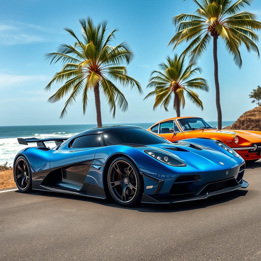 A powerful and futuristic showcase of a Koenigsegg Jesko Absolut and a classic Datsun 240Z parked side by side on a scenic coastal road