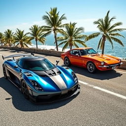 A powerful and futuristic showcase of a Koenigsegg Jesko Absolut and a classic Datsun 240Z parked side by side on a scenic coastal road