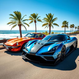 A powerful and futuristic showcase of a Koenigsegg Jesko Absolut and a classic Datsun 240Z parked side by side on a scenic coastal road