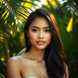 A beautiful young woman of Indonesian descent, posed gracefully in an artistic environment, embodying natural beauty