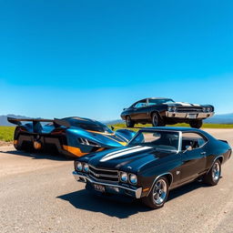 A futuristic hypercar, the Koenigsegg Jesko Absolut, parked alongside a classic 1970 Chevrolet Chevelle SS 454, showcasing the stunning contrast of modern engineering and vintage muscle car design