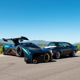 A futuristic hypercar, the Koenigsegg Jesko Absolut, parked alongside a classic 1970 Chevrolet Chevelle SS 454, showcasing the stunning contrast of modern engineering and vintage muscle car design