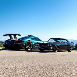 A futuristic hypercar, the Koenigsegg Jesko Absolut, parked alongside a classic 1970 Chevrolet Chevelle SS 454, showcasing the stunning contrast of modern engineering and vintage muscle car design